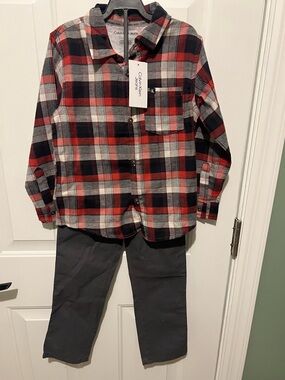 Calvin Klein Jeans Red Black Gray Plaid Button-Up Shirt and pants outfit